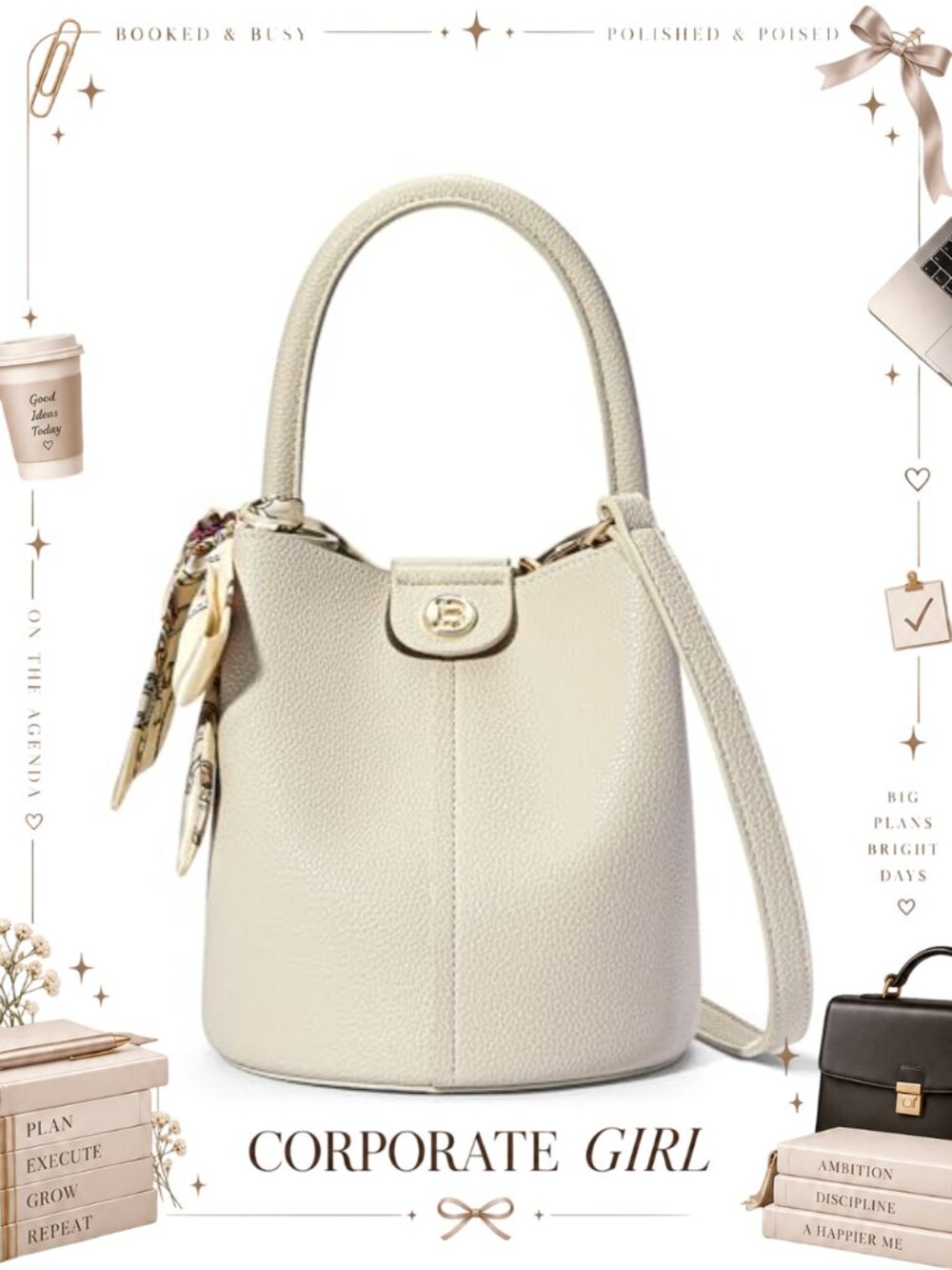 Small Crossbody Bucket Bag with Silk Scarf & Removable Strap